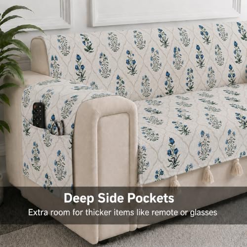 Image of STITCHNEST 'Eden Weaves Collection Series' 3 Seater Sofa Cover | Full Coverage with Armrest Pockets | Elegant Woven Fabric, Decorative Tassels, Washable & Durable for Modern Living