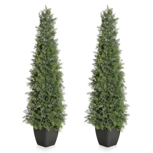 GarveeHome Artificial Cedar Topiary Tree for Outdoor,48 inch Tall Faux Cedar Trees,Potted Fake Cypress Plant, Artificial Plants Indoor Outdoor for Front Porch Decor, Set of 2