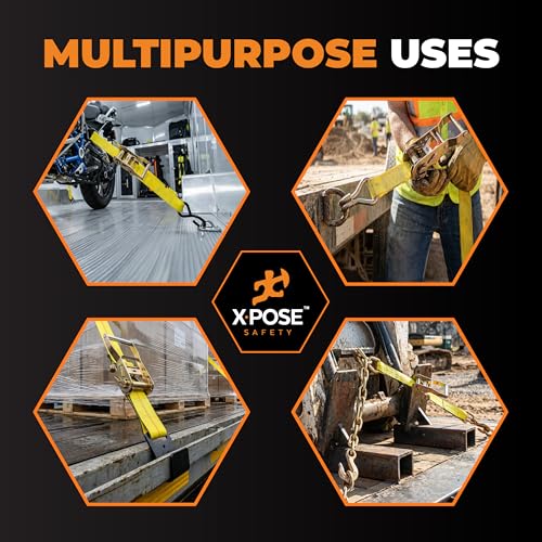 Image of Xpose Safety 4-Pack Retractable Ratchet Straps with Double J Hooks, Heavy Duty 1 inch x 15', 3,000 lbs Break Strength Tie-Downs for Truck, Trailer, Kayak & Motorcycle