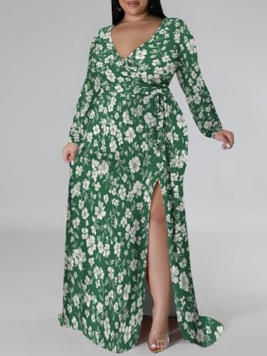 Image of PinkPatty Women's Plus Size Long Sleeve Maxi Dress Casual V Neck Slit Tie Waist Wrap Dresses for Party Cocktail