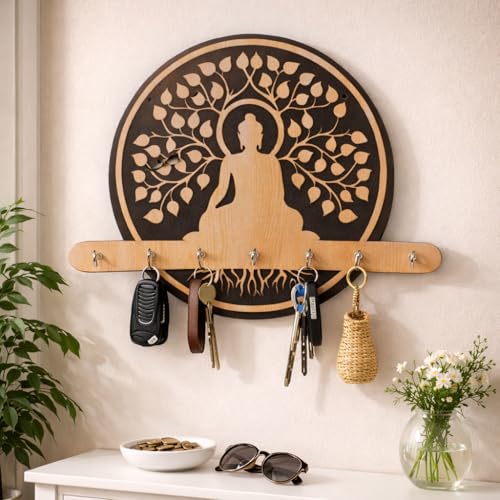 Image of CraftVatika Wooden Key Holder for Home Decor Items, Key Hanger Wall Mounted Decoration Handicraft Key Chain Stand Wood Keys Organizer 6 Stainless Steel Hook Decorative Items for Home Decor, Wall Decor