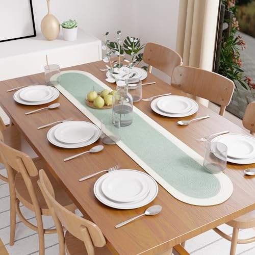 Image of Encasa XO Table Runner for 4 Seater | Handmade Ribbed Style Cotton | 30x137 cm | Sage & Off White | for Dining & Center Table