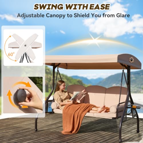 Image of 3 in 1 Outdoor Porch Swing with Adjustable Canopy, 3 Seat Outdoor Swing for Adults, Patio Swing Chair with Thickened Cushions,Pillows & Cup Holders for Backyard, Porch, Garden (Khaki)