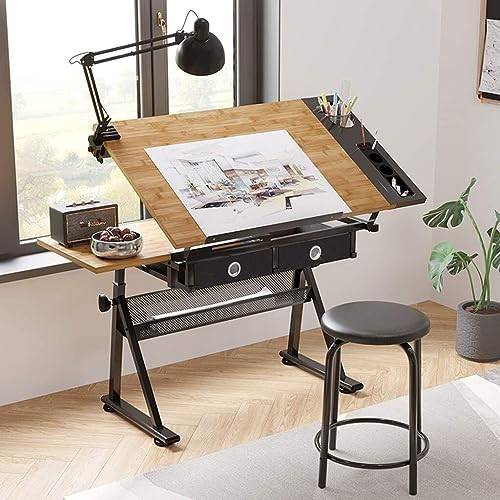 Height Adjustable Drawing Desk, Tiltable Craft Table with Storage, Maple Panel Art Desk, for Home Office Drafting Table