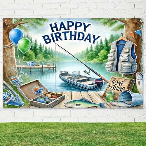Image of BlissYard Fishing Happy Birthday Banner 71x43 Inch Lake Boat Theme Backdrop Gone Fishing Birthday Banner for Men Boys Outdoor Party Wall Decor Photo Background Cabin Rustic Celebration Supplies