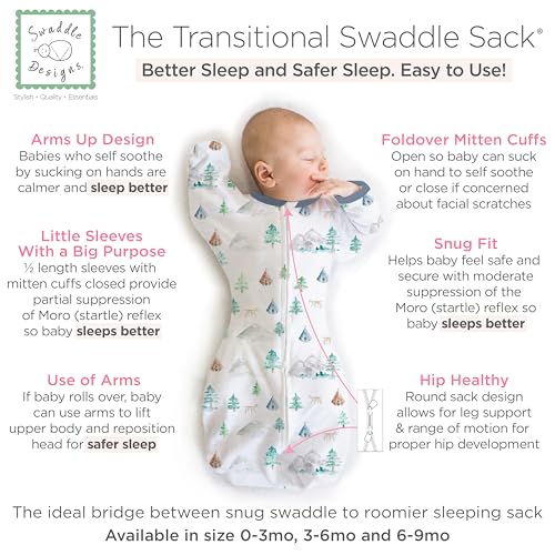 Image of SwaddleDesigns Transitional Swaddle Sack, Arms Up Half-Length Sleeves & Mitten Cuffs, Swaddle for Newborn Transition to Baby Sleep Sack Wearable Blanket, 3-6 mo, 14-21 lb, Watercolor Mountains & Trees