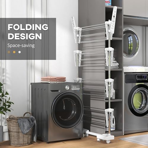 HOMCOM 4-Tier Clothes Airer, Stainless Steel Foldable Clothes Drying Rack with Wheels and Wings, Indoor and Outdoor, Easy Assembly, 142 x 55 x 172cm, White - Image 6
