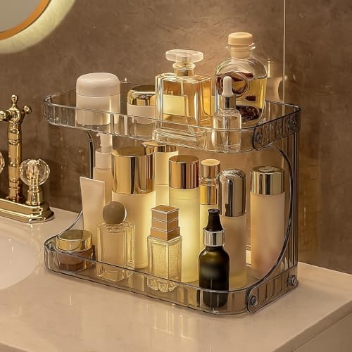 Organizador Multiuso 2 Andares Acrílico Transparente – Prateleira de Cosméticos, Maquiagem e Banheiro – Suporte Elegante para Parede ou Bancada – Ideal para Cozinha, Quarto e Penteadeira (Branco)