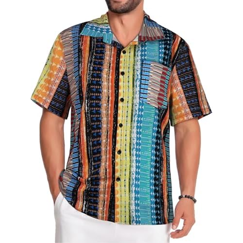 Hawaiian Shirt for Men Short Sleeve Floral Button Down Tops Summer Beach Outfit with Pocket(Muticolor Stripe, M)
