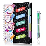 Kesote Notebook A5 with Dividers 300 Pages, Wire Bound Notebook with Multicolor Pen Journal Notebooks Subject Divider with 5 Colors Tab & 6-in-1 Retractable Ballpoint - Black