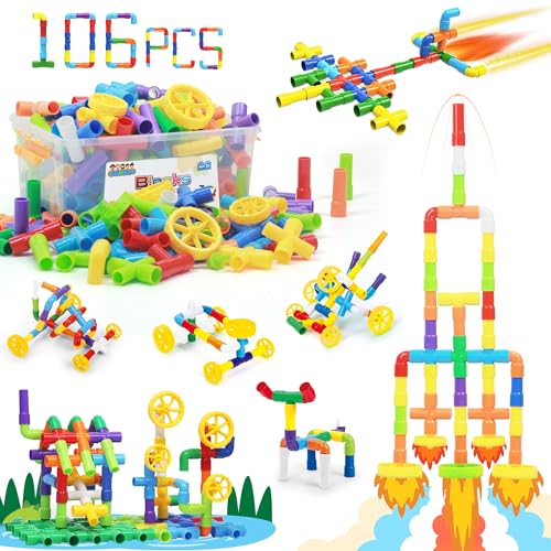 STEM Building Toy for Toddlers 106Pieces Tube Pipe Toy,Educational Preschool Game for 3+ Years,Learning Building Blocks Play with Storage Box Gift Kit,Montessori Toys for Boys & Girls