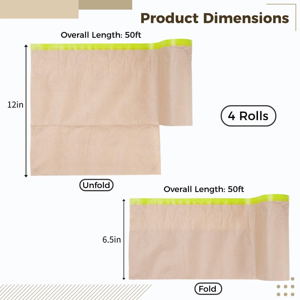 4 Rollen Kraft Abdeckpapier, vorgeklebte Abdeckfolie zum Streichen, 12 Zoll x 50 ft Bodenabdeckpapier, haftendes Malerpapier für Wandabdeckung, Abdeckpapier für Sprühlackierarbeiten