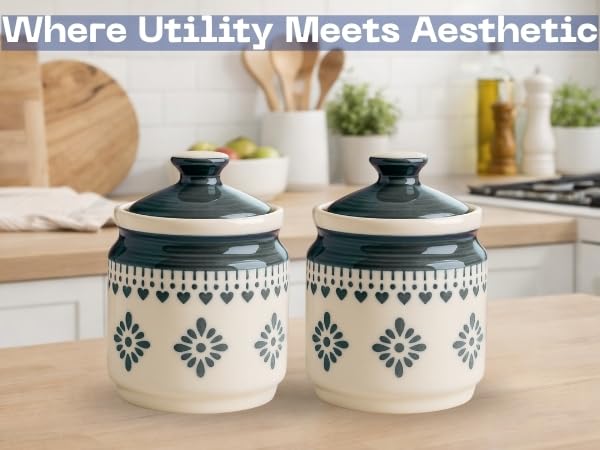 Image of Classyo Ceramic Storage Containers - 600 ml, Salt Container, Pickle Jar with lid, Ceramic Jars for Kitchen Storage for Achar and Namak (Gray Floral, Set of 2)