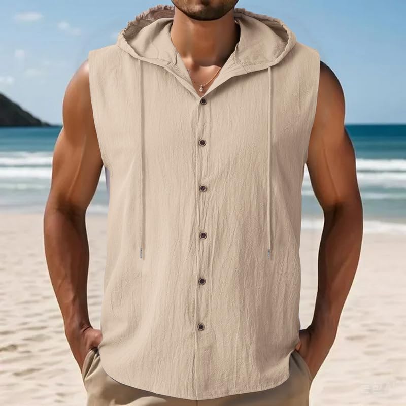 Men Linen Sleeveless Hoodies Button Down Shirt Summer Casual Hawaiian Beach Lightweight Fashion Hoodies