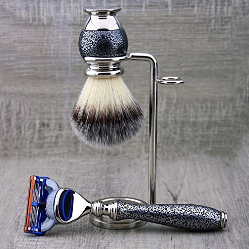 Haryali London Silver Antique męski zestaw do golenia 5 krawędzi brzytwy, pędzel do golenia, stojak na golenie i ołówek Alaun Pencil