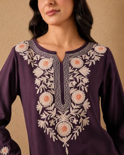 Image of QAZMI Women's Aari Embroidered Viscose Rayon Full Sleeves A-Line Flared Short Kurti