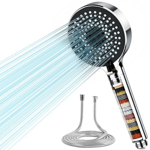 Magichome Alcachofa de ducha con manguera, piedras minerales y 5 tipos de chorro, rociador de ducha que ahorra agua y aumenta la presión con 20 capas de filtración y piedras adicionales