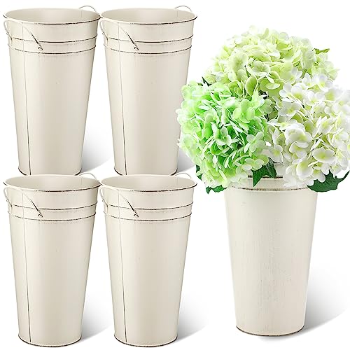 Irenare 12 Inch Vintage Galvanized Flower Bucket Metal Flower Vase Farmhouse French Bucket Planter Metal Floral Container for Party Table Centerpiece Weddings Home(White,4 Pcs)