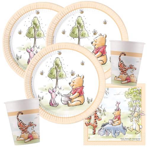 Kit de fête Winnie l'ourson 36 pièces, assiettes en carton, gobelets en carton et serviettes pour anniversaire d'enfant