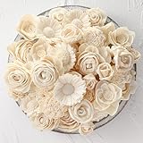 AceOrbit Set of 50 DIY Sola Wood Flowers Assortment Small Craft Wooden Flowers Fake Flower Bulk for Wedding Home Decorations DIY Bouquet 1.38-1.77 Inch(Classic,Cream White)