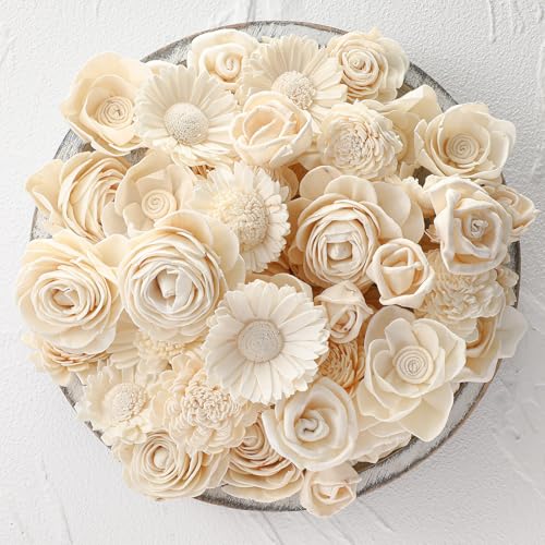 AceOrbit Set of 50 DIY Sola Wood Flowers Assortment Small Craft Wooden Flowers Fake Flower Bulk for Wedding Home Decorations DIY Bouquet Gift Embellishments 1.38-1.77 Inch(Classic Cream White)