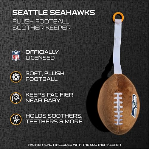 Image of Seattle Seahawks Plush Football Pacifier Holder by Smilo - Officially Licensed NFL Soother Holder - Soft Plush Toy and Dummy Holder - Fits Any Pacifier - Stroller Accessory & Newborn Essential
