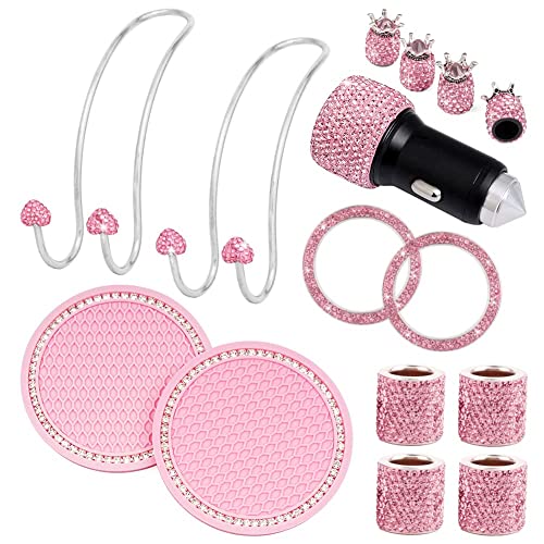 15 Pack Pink Car Bling Accessories Set for Women ,Head Rest Bling Rings,Bling Car Adapter Charger,Bling Car Hangers,Bling Cup Coaster,Bling Tire Valve Covers,Car Ignition Ring(Pink)