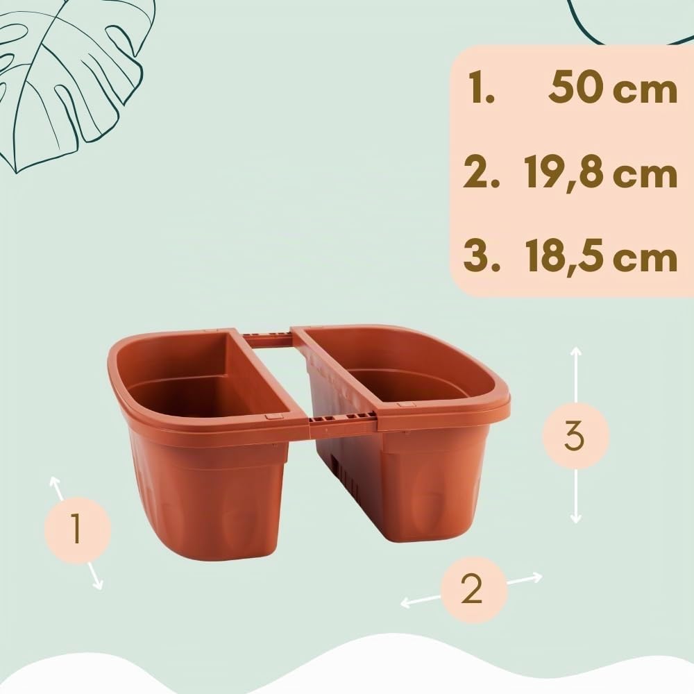 GarPet 2er Set Blumenkasten Balkongeländer Beidseitig Balkon Blumenkasten Doppelseitig Balkonkasten mit Halterung Geländerkasten mit Wasserspeicher Teracotta 50 cm