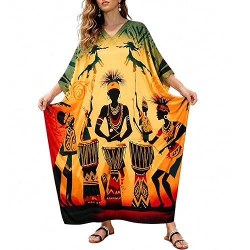 Image of Gypsie Blu Women Plus Size Kaftan Dress Beach Cover Up Maxi Dresses for Women, V-Neck Kimono Sleeve 1X-3X