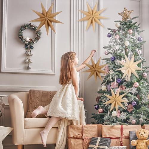 Image of 12 Inches 5 PCS Brown Paper Star Lanterns Hanging Khaki Stars Christmas Party Decorations Hanging Beige Lampshade Christmas Wedding Birthday Christmas Home Party Decorations (9 Pointed)