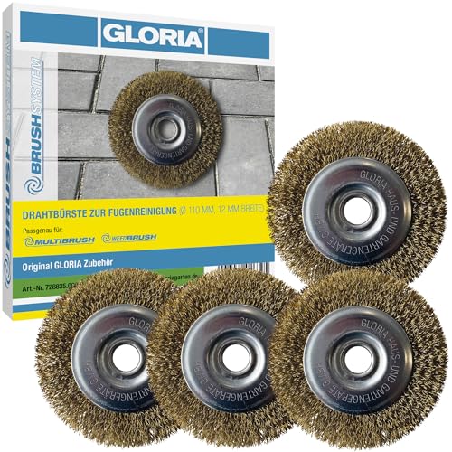 Gloria Stahldraht-Fugenbürste 4er Set | Originalzubehör | Ersatzbürsten für MultiBrush- und WeedBrush | Drahtbürste/Messingbürste zur Fugenreinigung | 11 cm Durchmesser | 1 2 cm Breite | 4 Stück