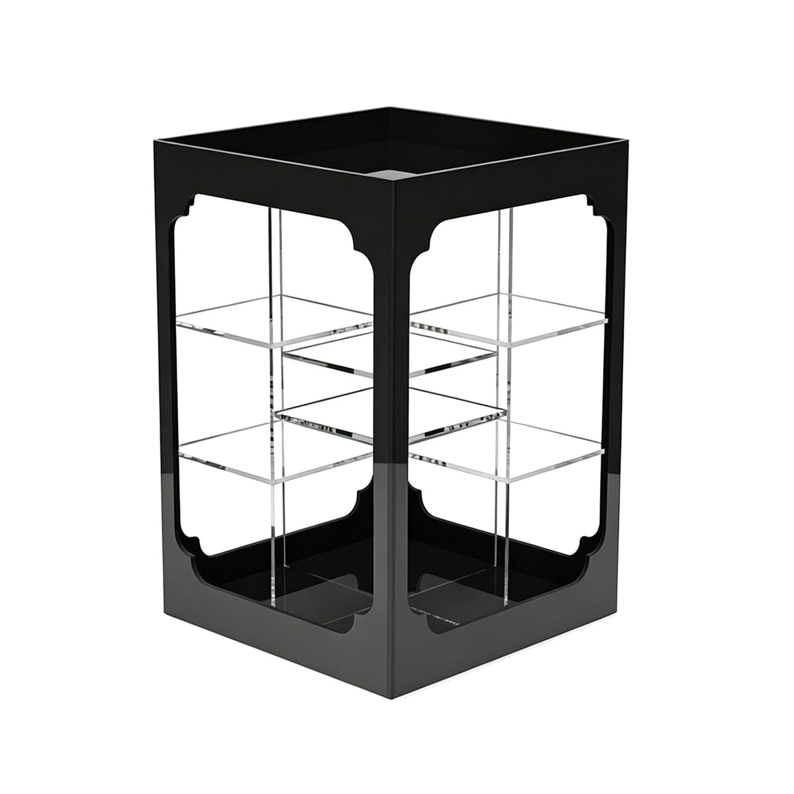 Estante de Té Acrílico Negro Giratorio 360°, Organizador Compartimentos Abiertos Borde Pulido Base Estable, Almacenaje Encimera Cocina Teteras Tarros Tazas(Black+Transparent)