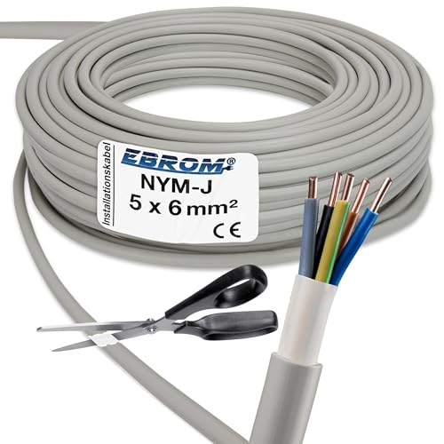 EBROM NYM-J 5x6 mm² - Mantelleitung - Installationskabel - Feuchtraumkabel - grau - Auswahl in 1 Meter Schritten, auf den Meter genau geschnitten - Ihre Auswahl: NYM-J 5x6 mm2, Länge: 7 Meter