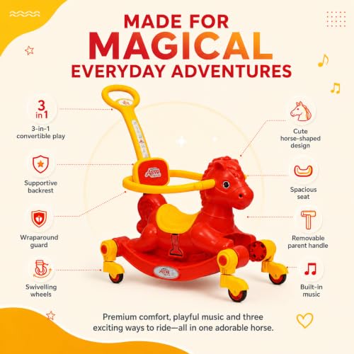 Image of 3 in 1 Baby Horse Rider for Kids 1-5 Years with Parent Handle, Rocking Horse, Ride On Toy, 360 Safety Guard, Music, Swivel Wheels, Backrest, Baby Ride On for Boys & Girls (Red)