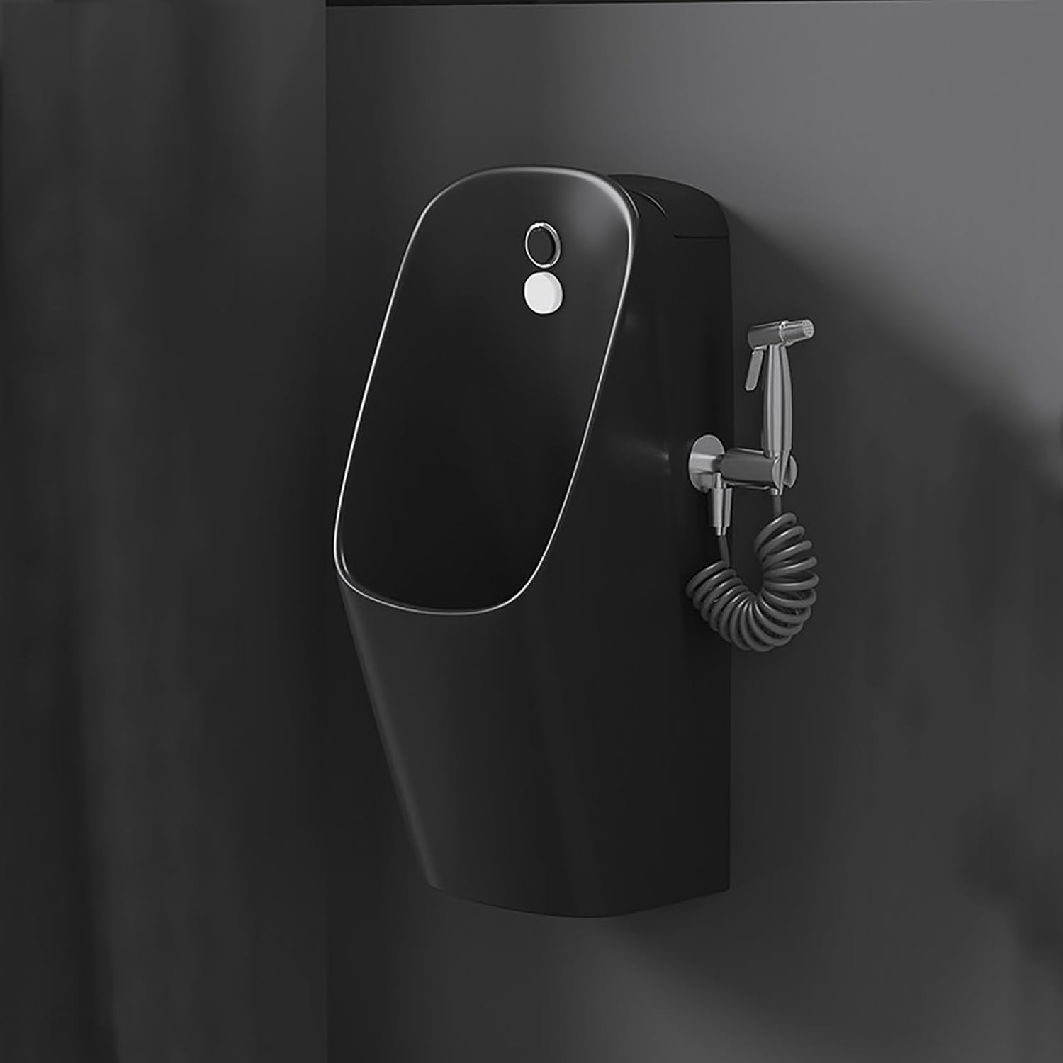 Smart Sensor Urinals for Men Bathroom, Wall Mounted Ceramic Urinal with High-Pressure Spray Gun & Dual Flush Modes, Modern Splash-Proof Men's Urinal for Home, Hotel, Commercial Restroom(Black)