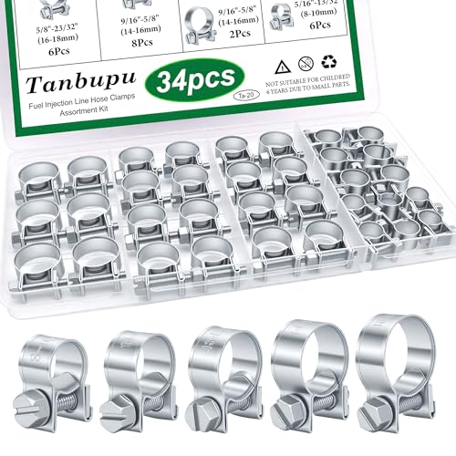 Tanbupu 34PCS 8-18mm 5 Sizes Fuel Worm Gear Hose Clamps Assortment Kit, 1/4" 5/16" 3/8" Heavy Duty Hose Clamps for Automotive Diesel Petrol Pipe