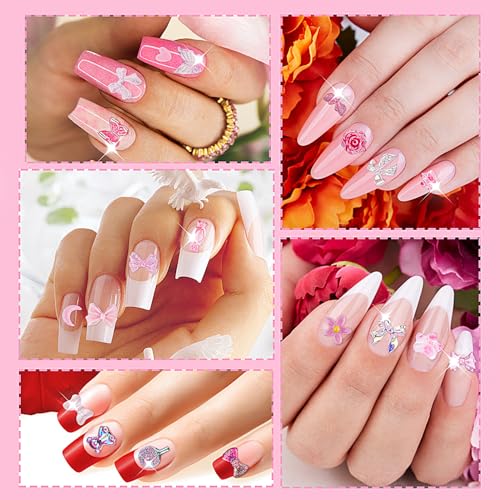 Aurora Bow Nail Charm 200Pcs 3D Multi Shapes Nail Charms Pink Mix Styles Butterfly Bow Flower Bear Lollipop Heart for Nail Art Decoration DIY Crafts Design Accessories - Image 4