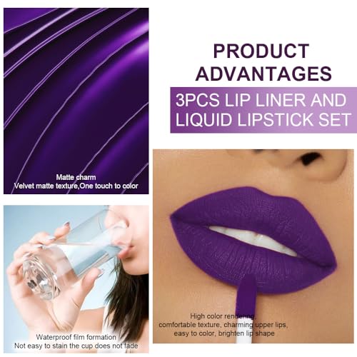 Image of evpct 3Pcs Lavender Dark Violet Purple Matte Lip Liner & Liquid Lipstick Stain Makeup Set for Women, Lip Liner Stain Long Lasting Waterproof Smudge Proof, Cruelty Free Lip Makeup 24 hours originales