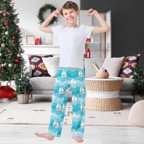 Boy's Pants Cute Sailboat Blue Sea Wave Jogger Pants Elastic Waist Long Bottoms Trousers with Pockets 6-14 Years2