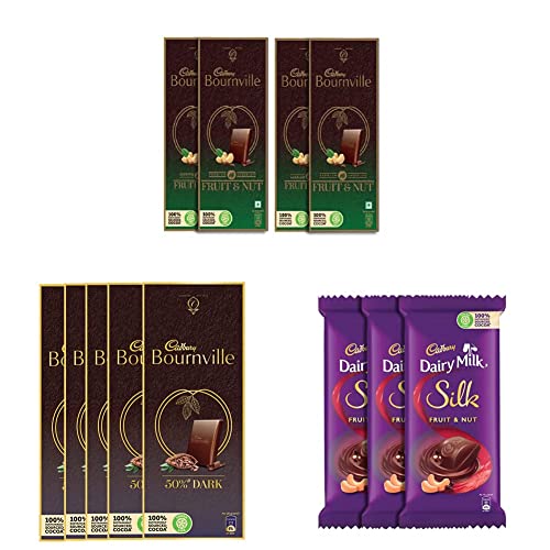 Image of Cadbury Bournville Raisin and Nuts Dark Chocolate Bar, 80g (Pack of 4) &Bournville Rich Cocoa Dark Chocolate Bar, 80 gm (Pack of 5) &Dairy Milk Silk Fruit and Nut Chocolate Bar, 137g (Pack of 3)