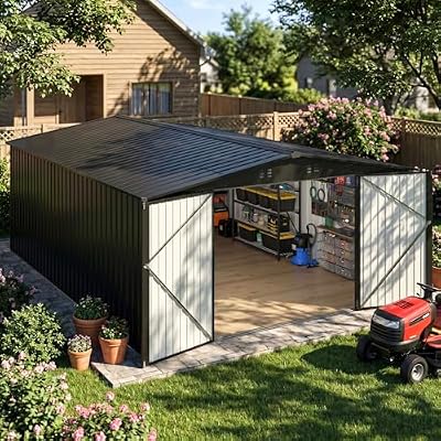 MNLR 10x14 FT Large Metal Storage Shed, Waterproof Outdoor Tool Shed with Lockable Double Hinged Door, Reinforced Frame Structure, Sloped Roof & Vents for Lawn Mower, Bikes & Patio Gear