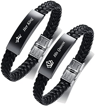 FLHEART Personalised Black Stainless Steel and Microfiber Braided Leather Bracelet Classic Style His Hers Couple Bracelet Adjustable Birthday Valentine's Day Anniversary Bracelet Gift
