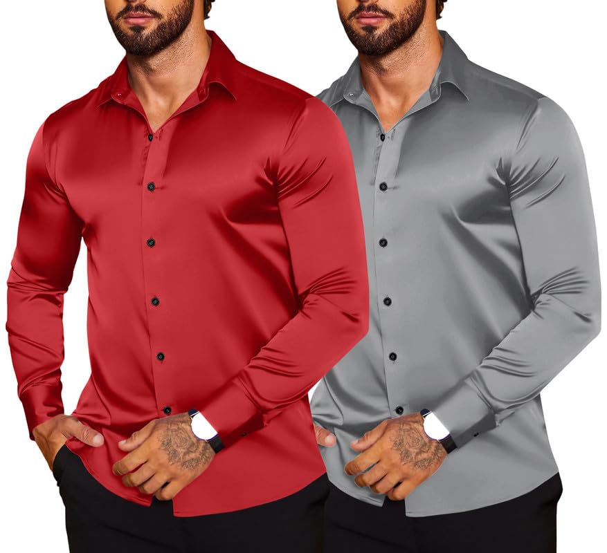 Image of Combo of Men's Premium Satin Cotton Shirt with Full Sleeves & Spread Collar | Smooth Finish | Slim Fit | Stylish Button Down Shirt for Evening, Casual Pack of 2