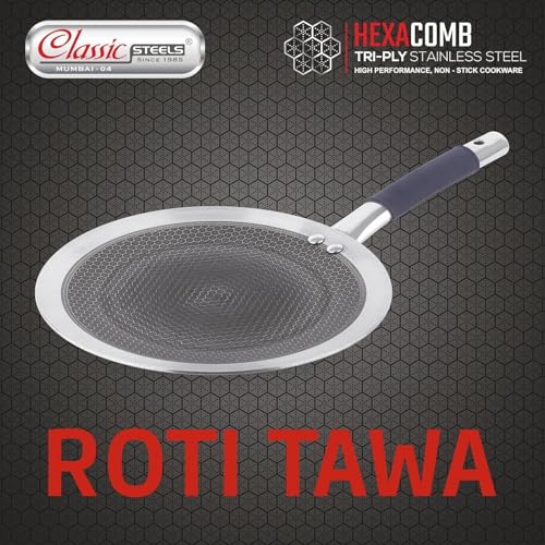 Image of Classic Steels Hexa Comb Roti Tawa 24cm - 2.5mm Thick | Non-Stick Triply Stainless Steel Roti Tawa for Roti, Chapati, Paratha | Induction & Gas Compatible| Durable Stay Cool Silicon Handle