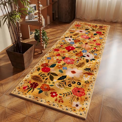 Runner Rug for Kitchen Rug Non Slip 2'x 6' Washable Rugs with Rubber Backing Soft Floral Carpet Runner for Hallways, Kitchen, Laundry, Bedroom, Bathroom(Yellow)