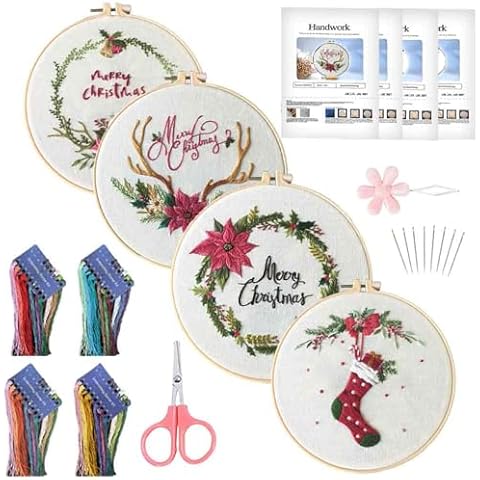 NEWSEE 4 Sets of Starter Kits for Embroidery Beginners, Cross Stitch kit, Embroidery Starter Kit Including Embroidery Hoop, Color Threads and Embroidery Scissors（Christmas） Cover