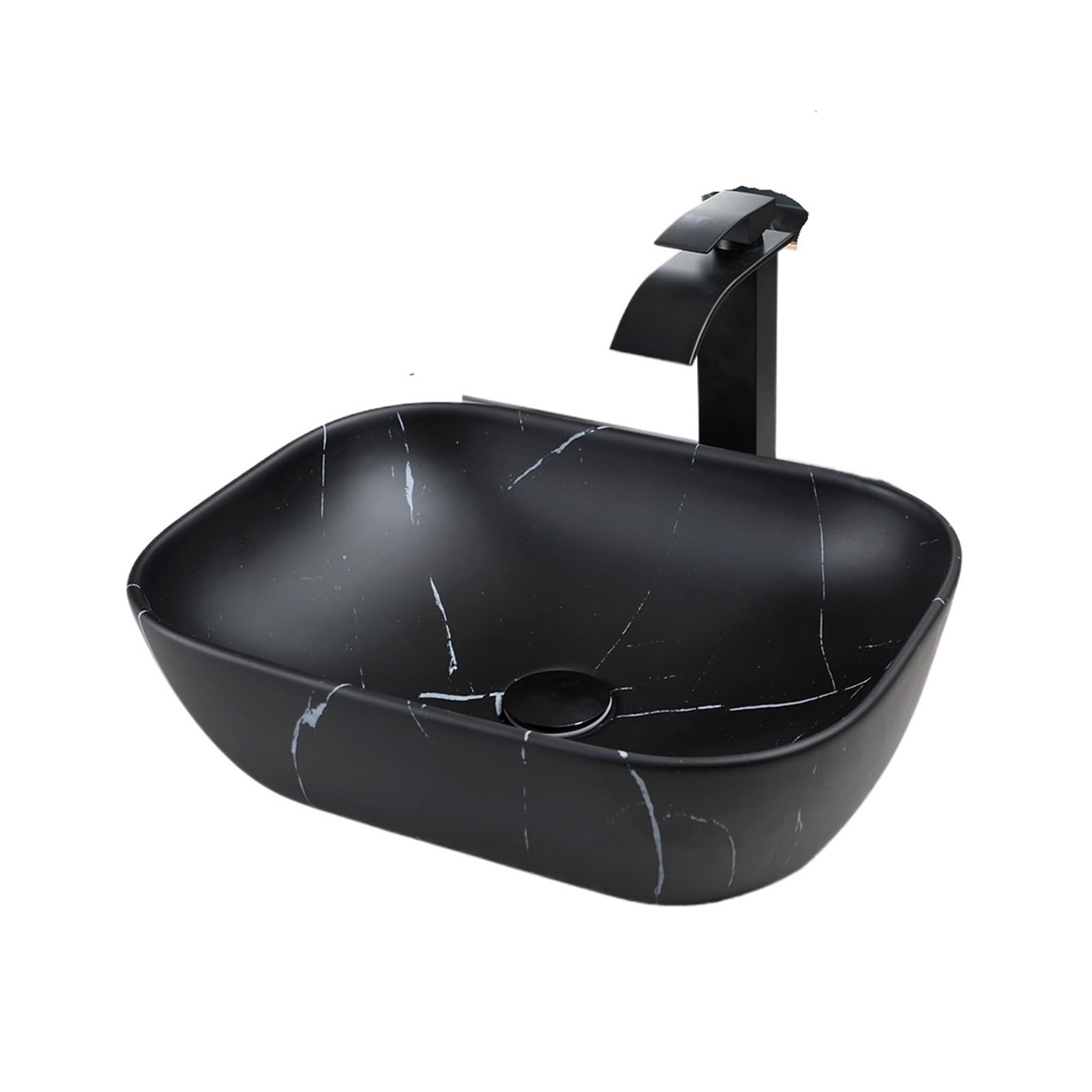 Bathroom Sink Bathroom Basin Sink Counter Top Ceramic Vessel Vanity with Black Mixer Waterfall Faucet and Pop-up Drain Set