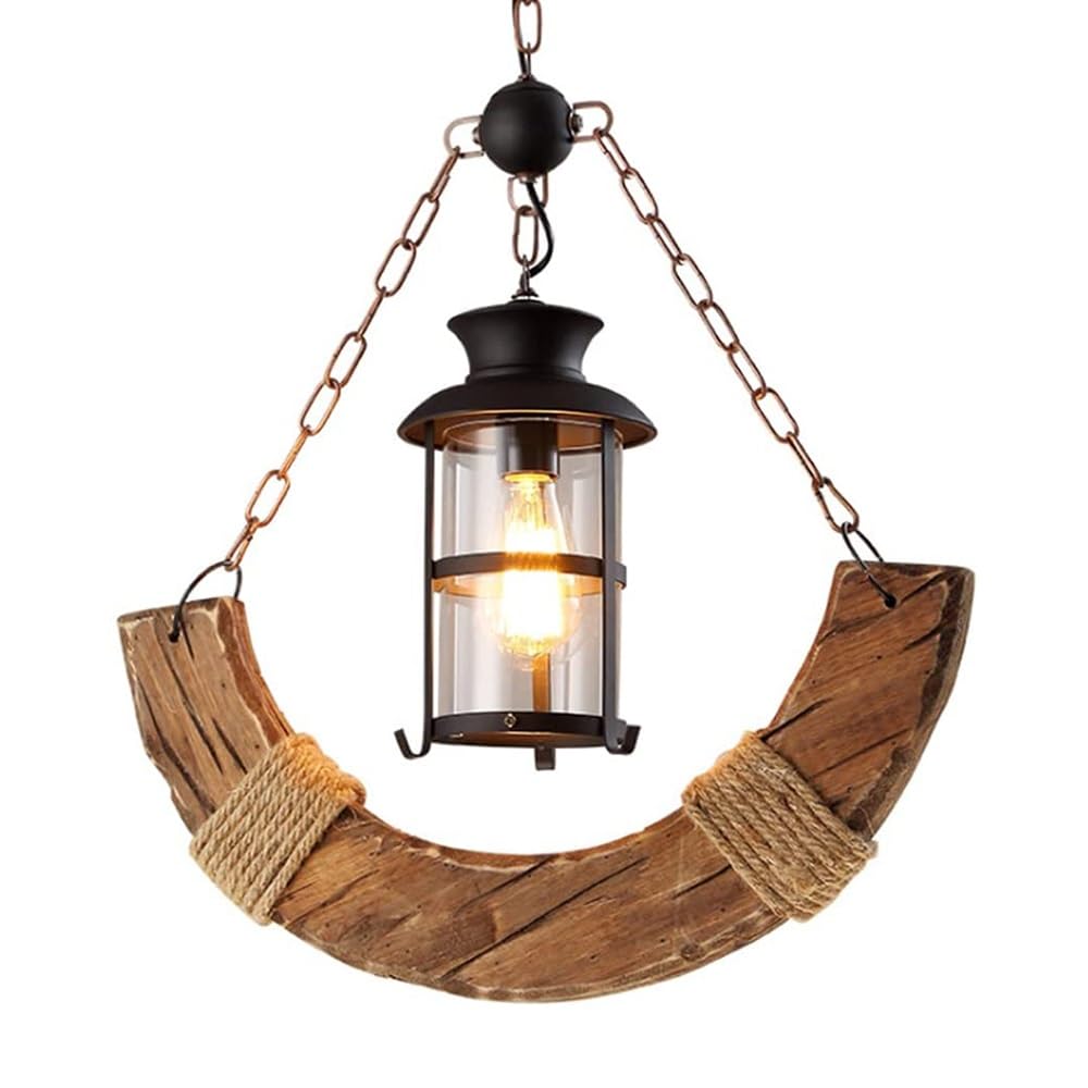 Générique LAUMZX Lustre rustique en bois à 1 lumière, suspension industrielle forme de lanterne croissant