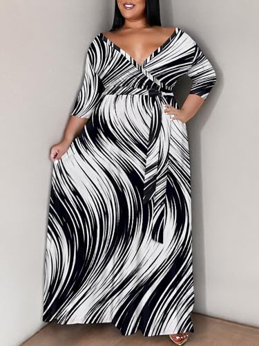 Image of SUZONANA Plus Size Maxi Dresses for Curcy Women Casual Loose 3 /4 Sleeve Long Dress with Belt