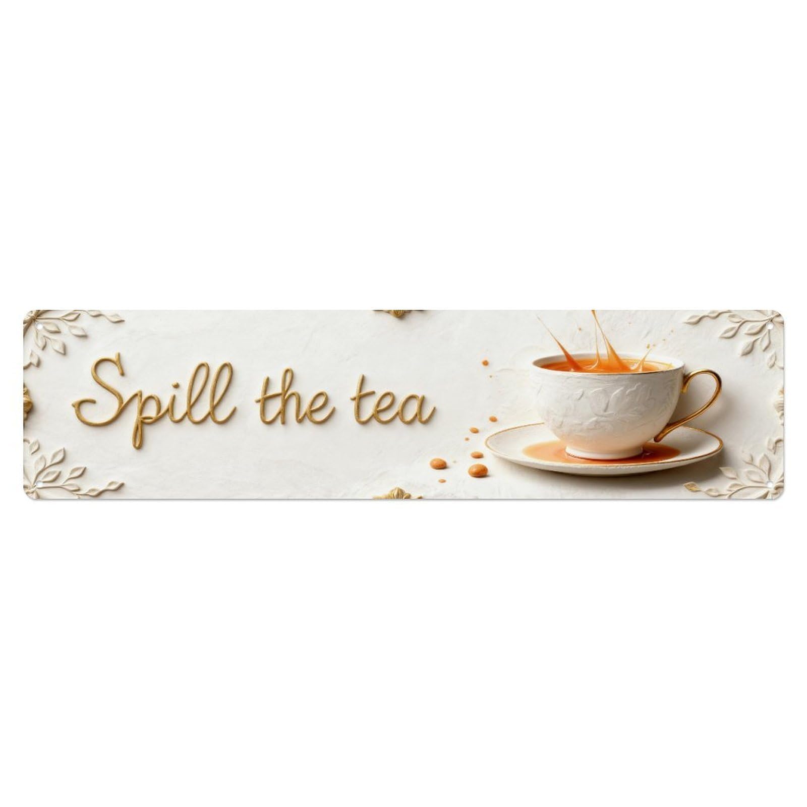 Golden Floral Tea Cup Pattern Metal Tin Sign Plaque
